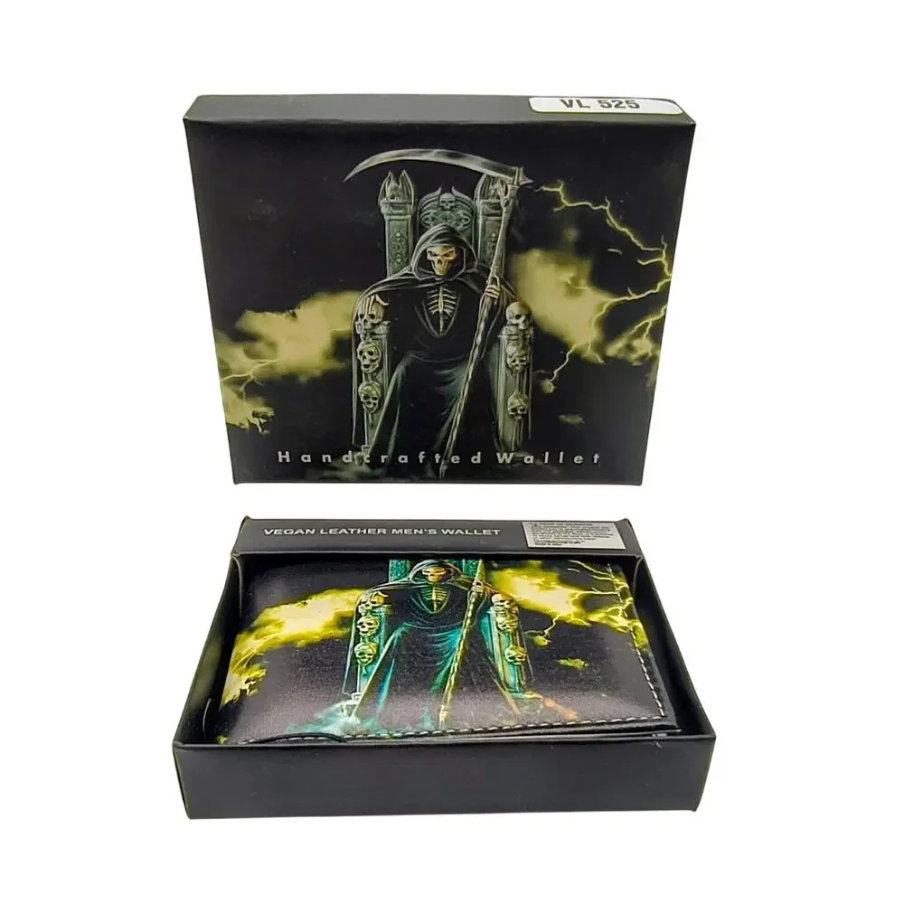 Handcrafted Men’s Full‑Size Wallet – Vegan Leather, Grim Reaper Throne & Scythe